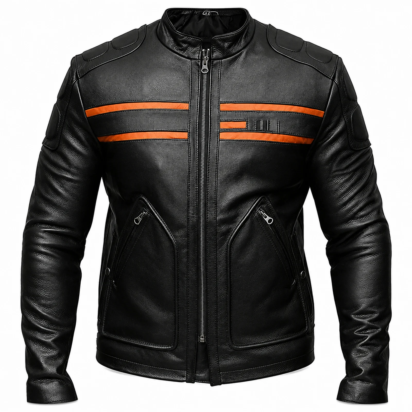 Black Leather Moto Jacket with Orange Stripes manufactured by Aly Leather Co., Sialkot