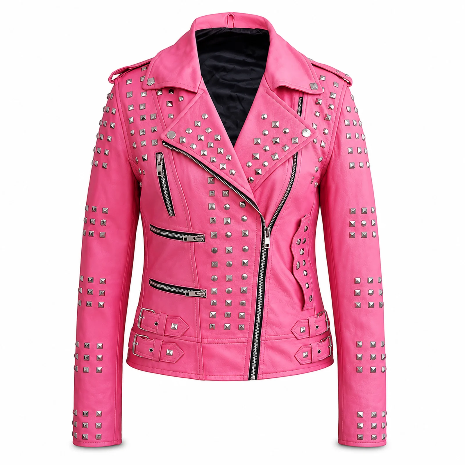 Hot Pink Studded Leather Biker Jacket manufactured by Aly Leather Co., Sialkot