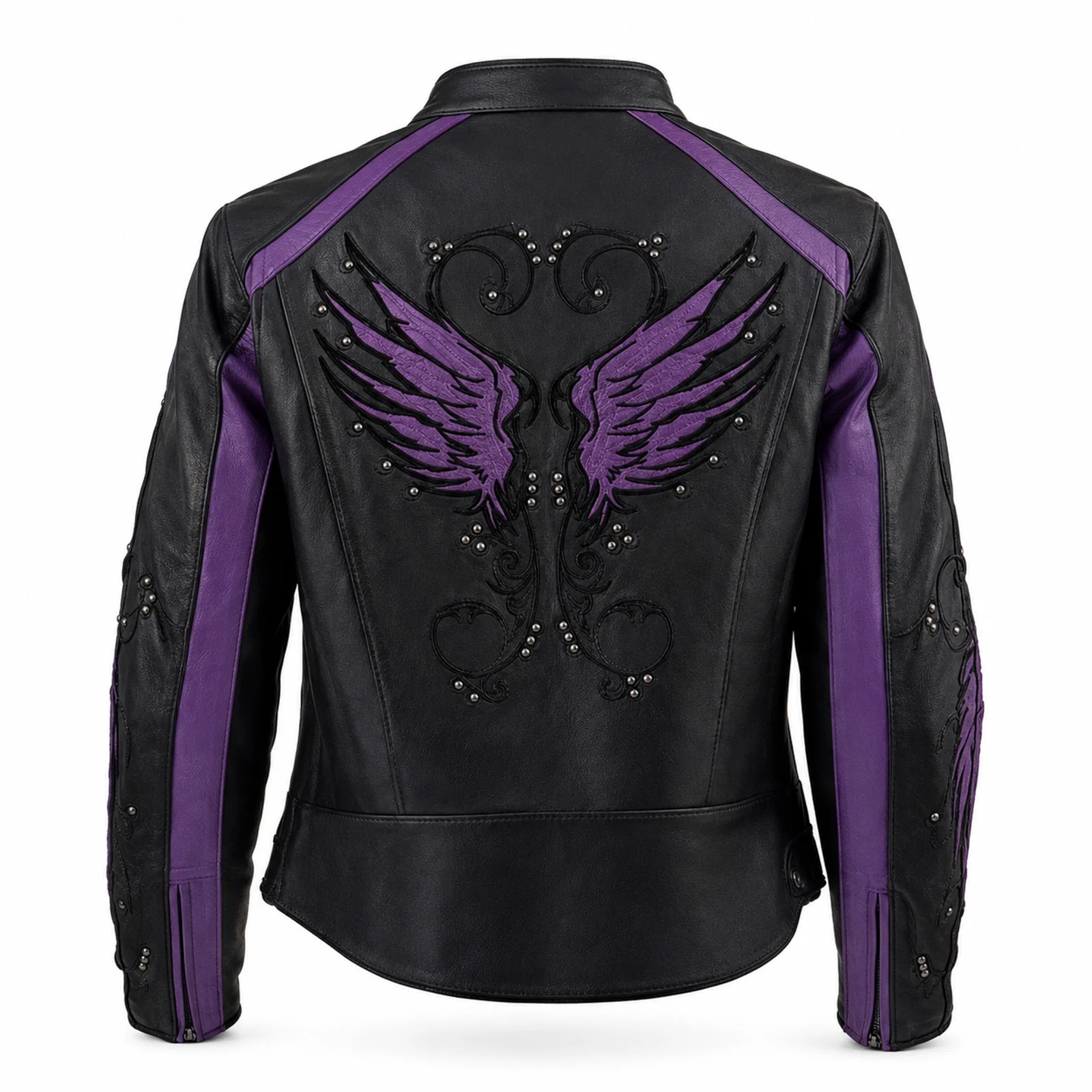 Black Leather Jacket with Purple Angel Wings manufactured by Aly Leather Co., Sialkot