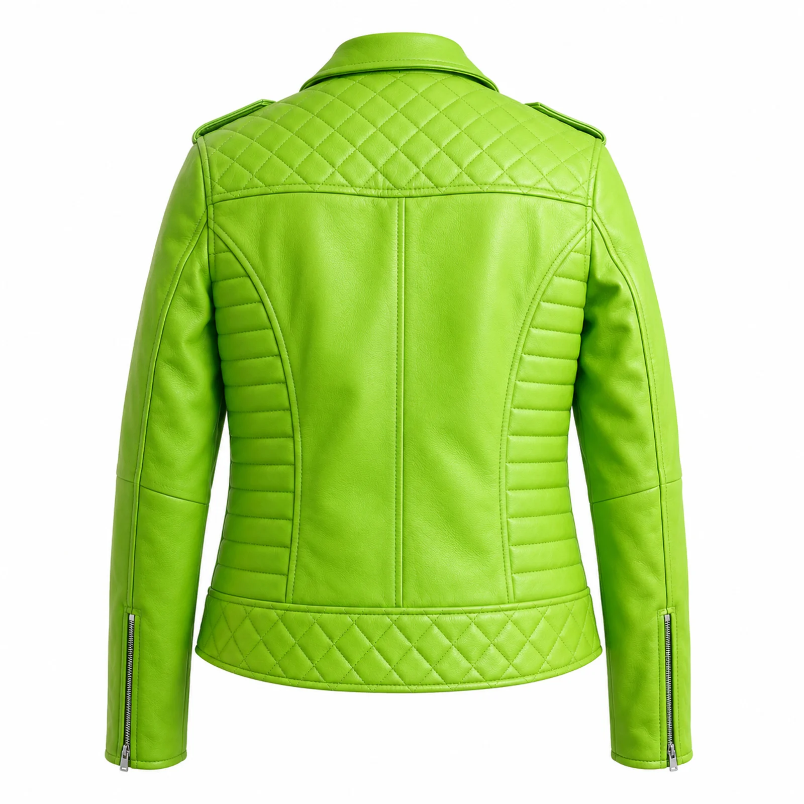 Lime Green Quilted Leather Biker Jacket manufactured by Aly Leather Co., Sialkot