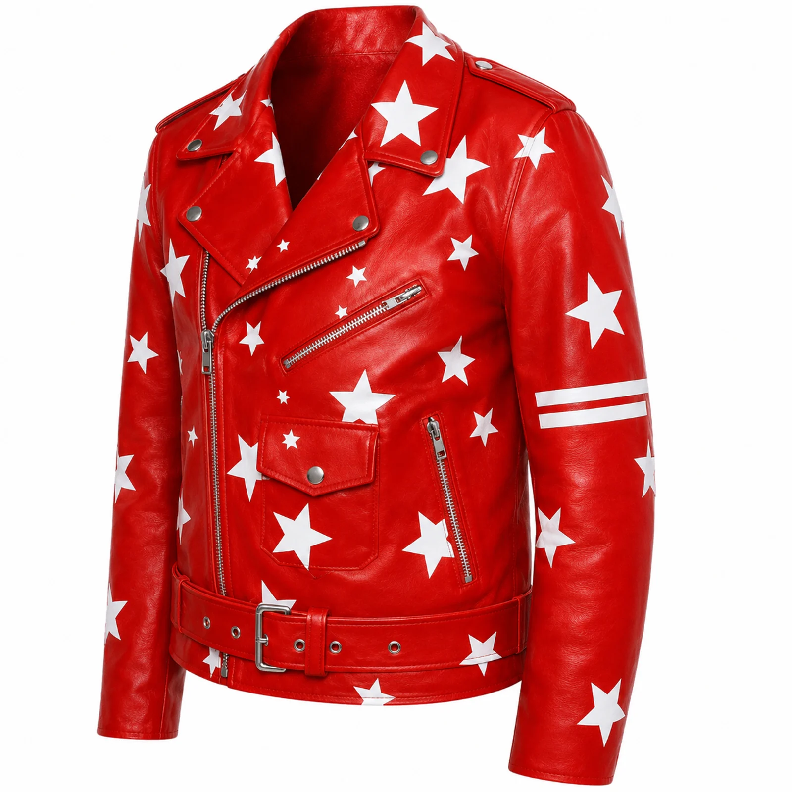 Red Leather Biker Jacket with White Stars manufactured by Aly Leather Co., Sialkot