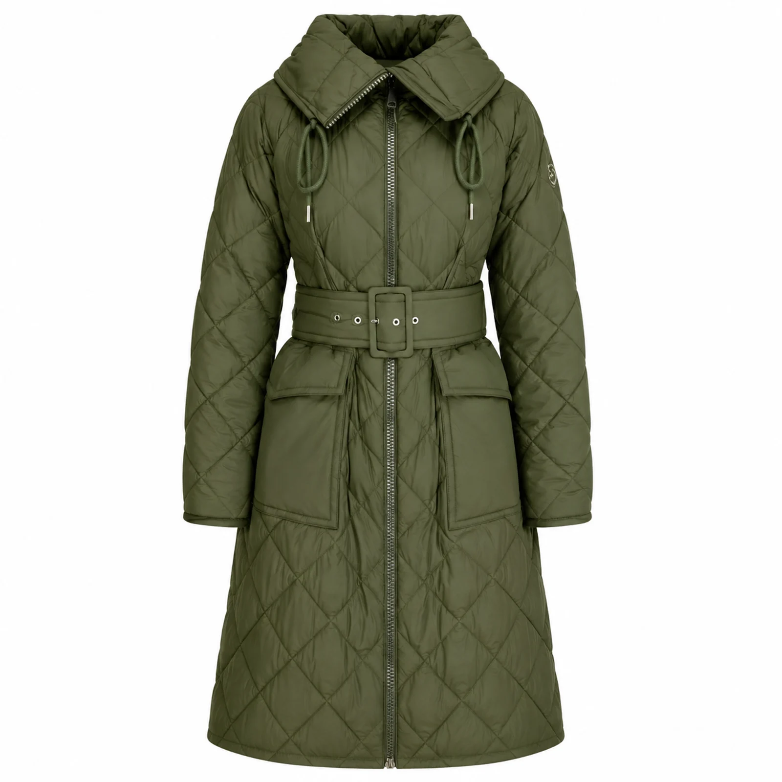Olive Quilted Long Belted Coat manufactured by Aly Leather Co., Sialkot