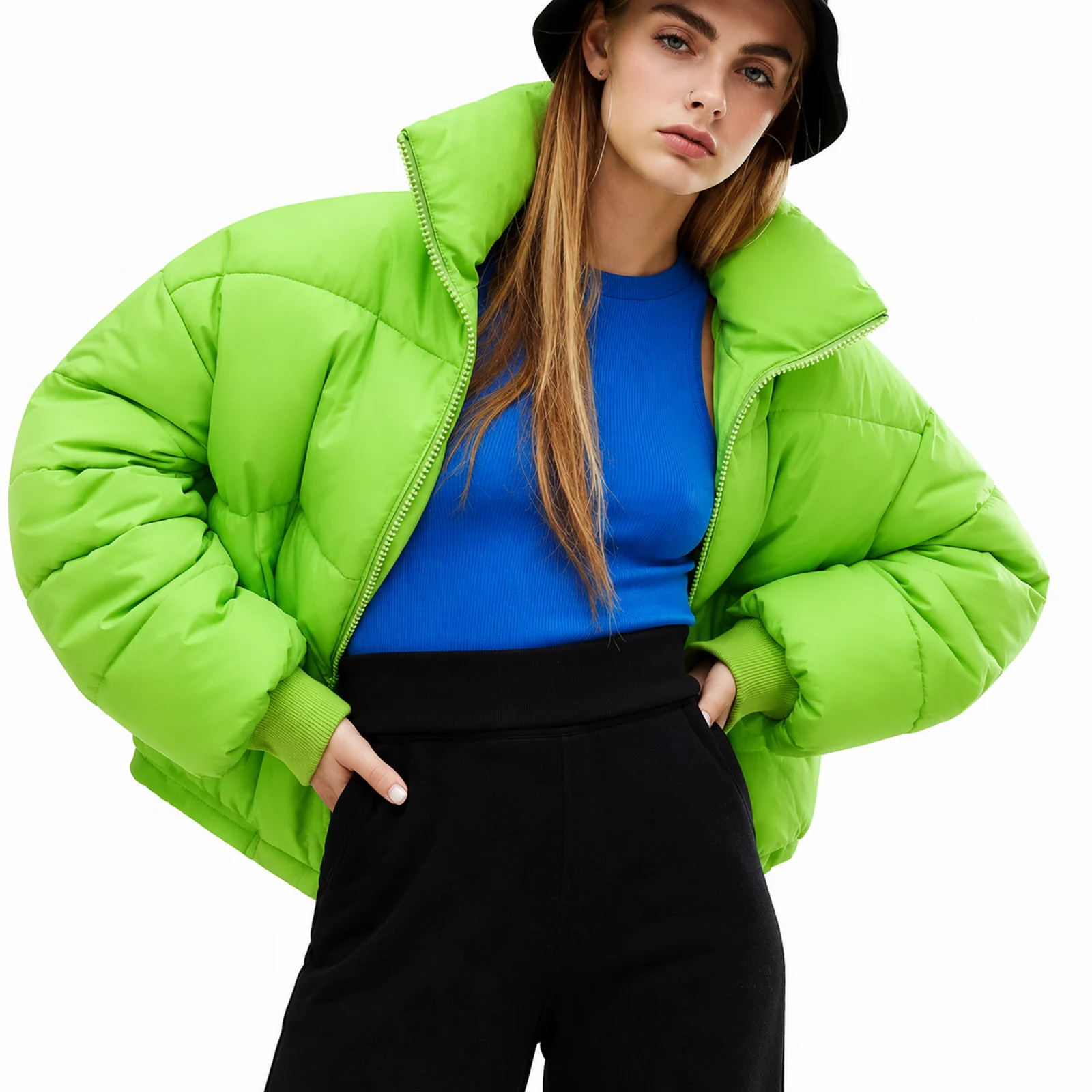 Lime Green Cropped Puffer Jacket manufactured by Aly Leather Co., Sialkot
