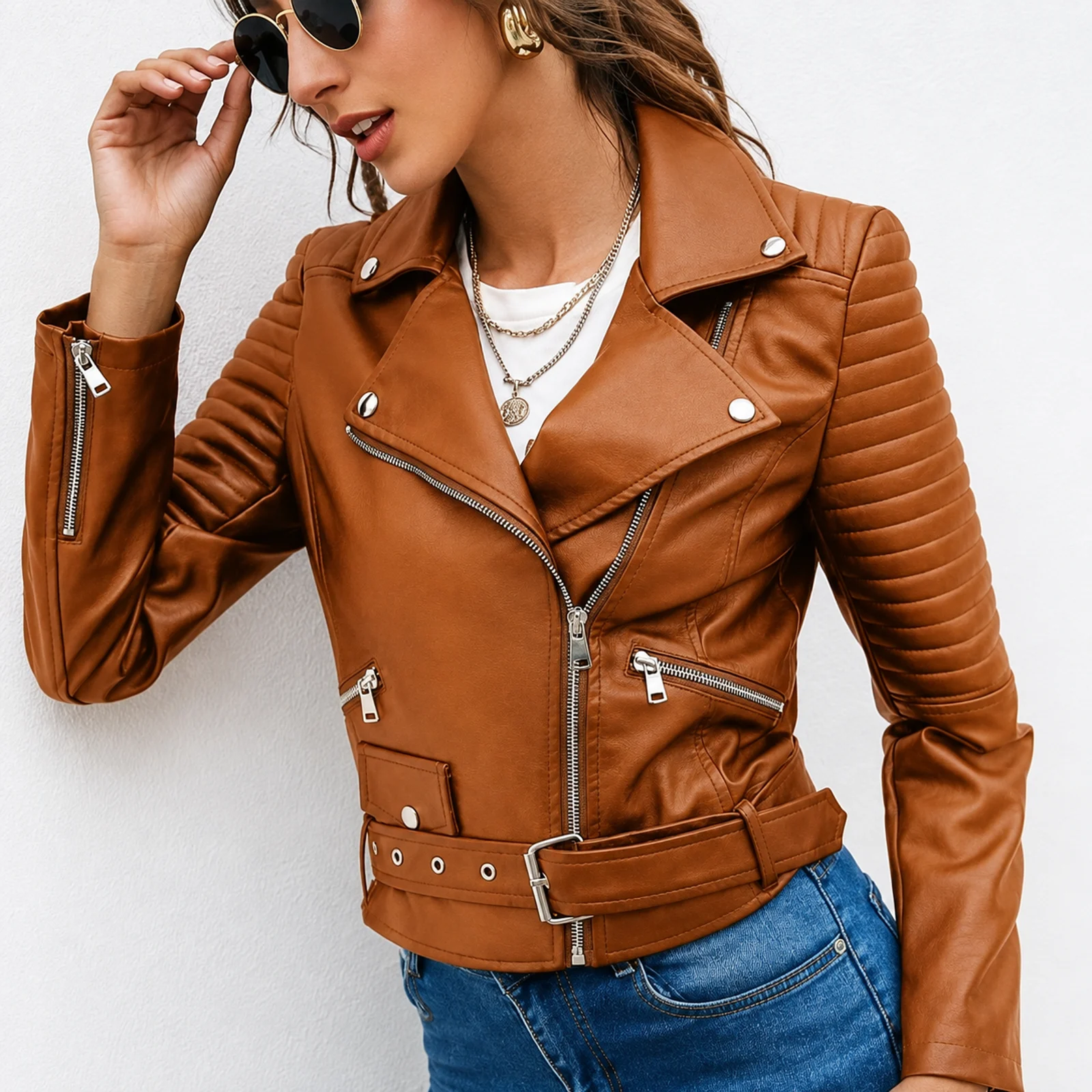 Tan Leather Biker Jacket manufactured by Aly Leather Co., Sialkot
