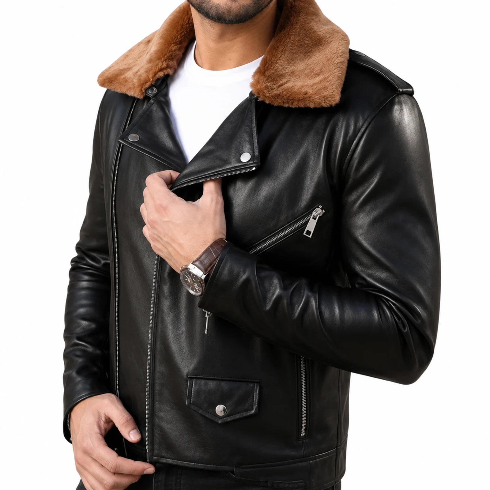 Black Leather Jacket with Fur Collar manufactured by Aly Leather Co., Sialkot