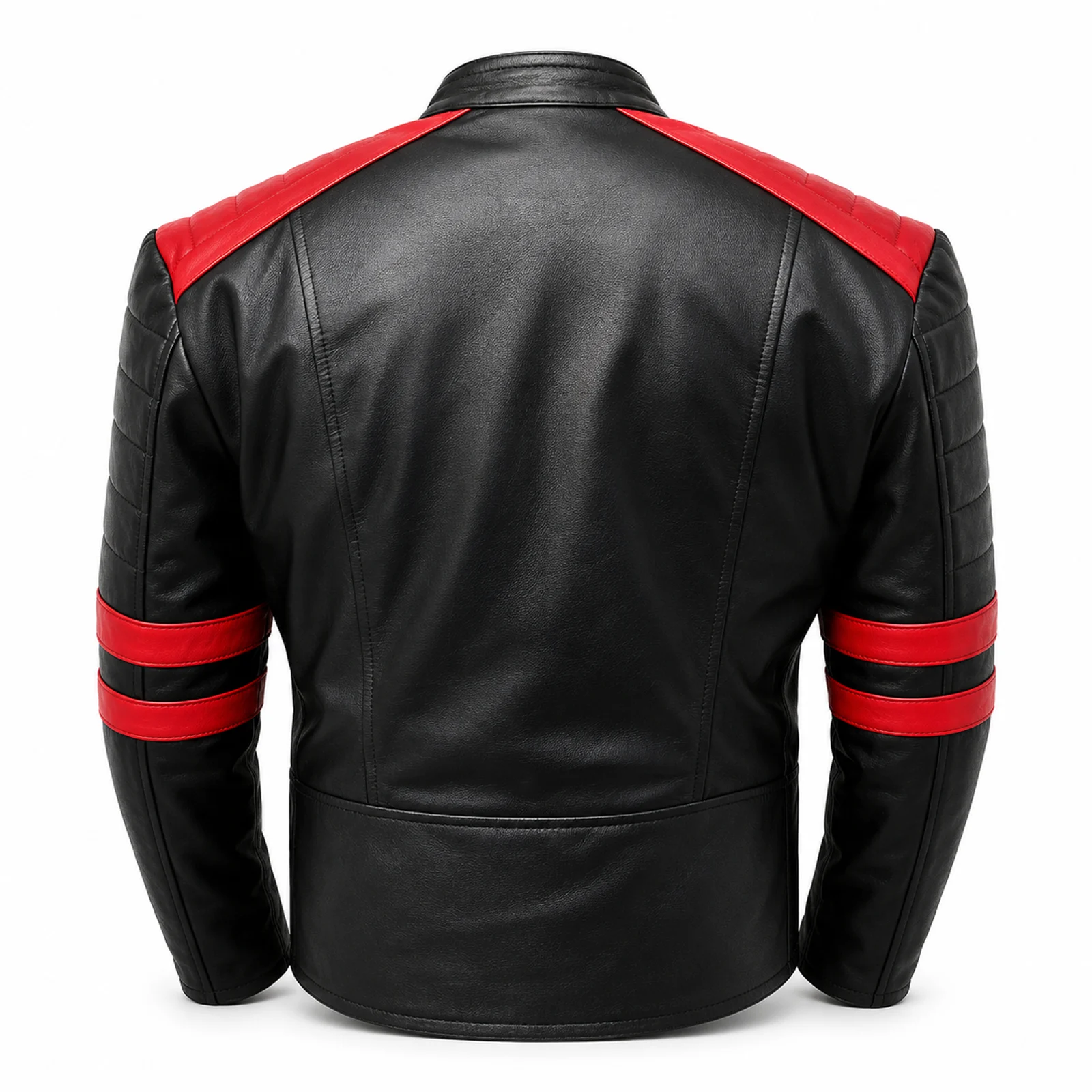 Black Leather Jacket with Red Stripe Detail manufactured by Aly Leather Co., Sialkot