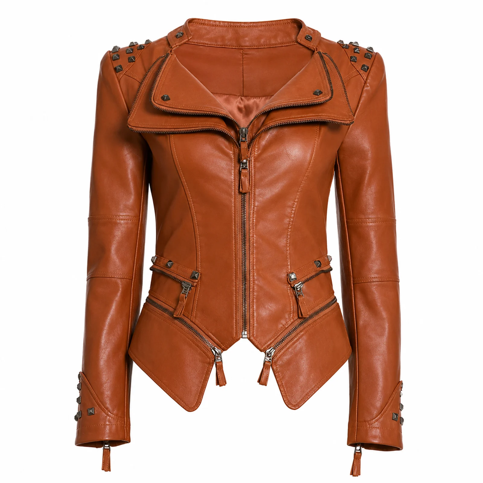 Tan Leather Studded Peplum Jacket manufactured by Aly Leather Co., Sialkot