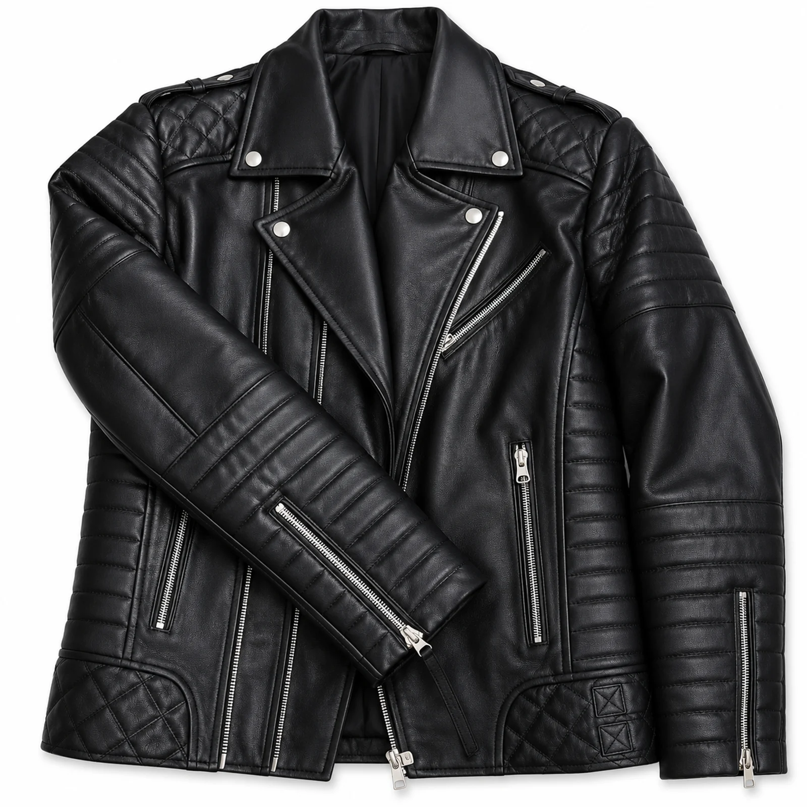 Black Quilted Panel Biker Jacket manufactured by Aly Leather Co., Sialkot