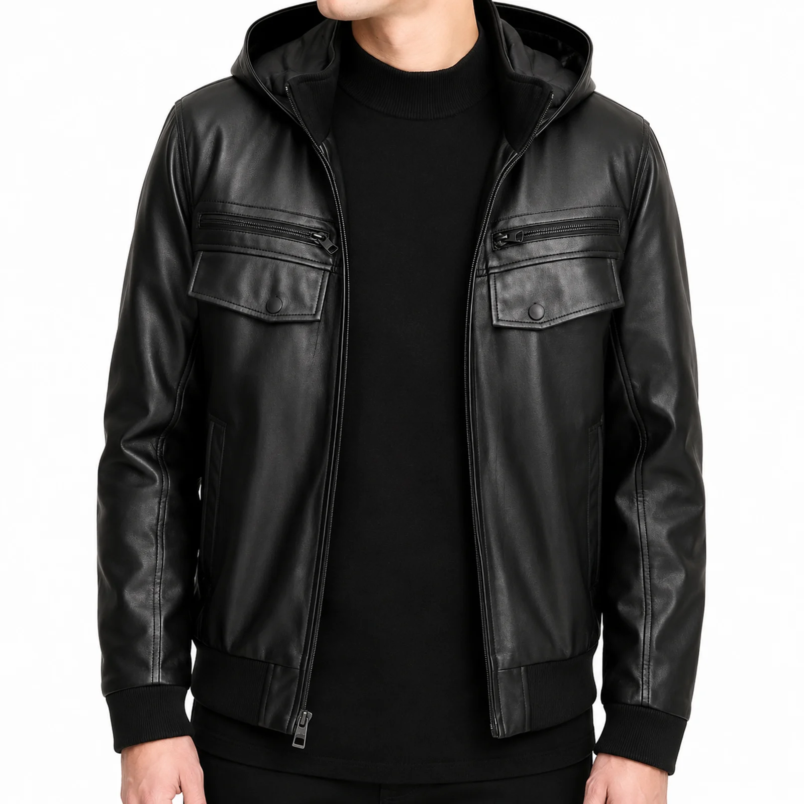 Black Hooded Leather Bomber Jacket manufactured by Aly Leather Co., Sialkot