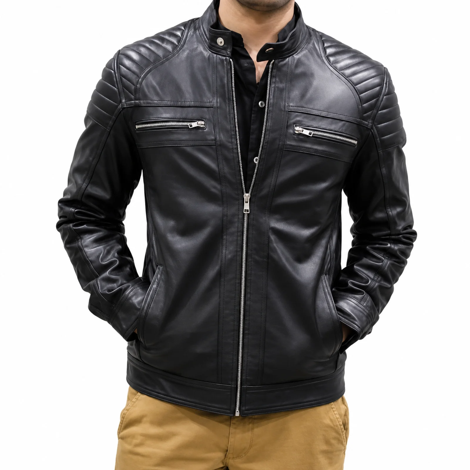 Grey Leather Cafe Racer Jacket manufactured by Aly Leather Co., Sialkot