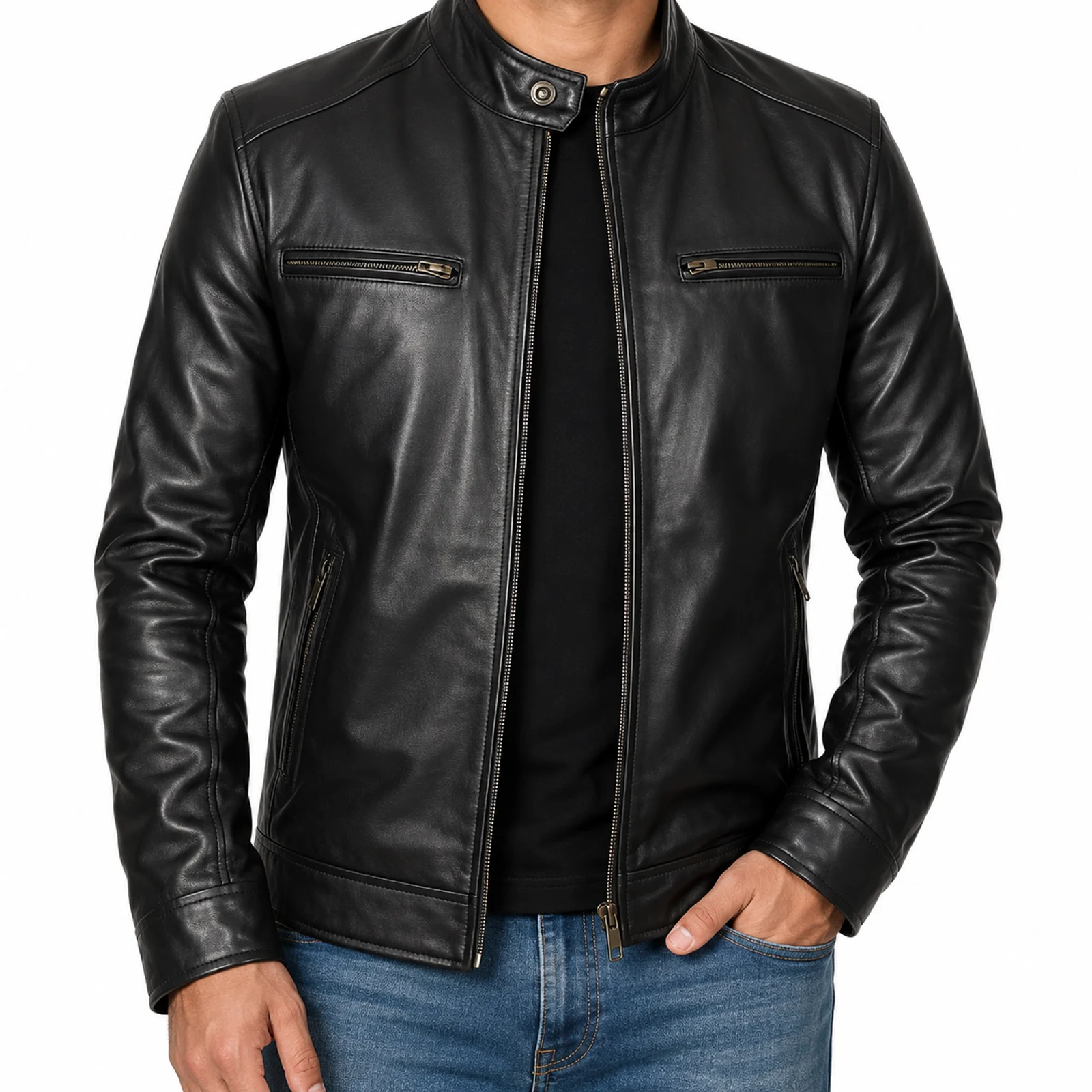 Black Leather Cafe Racer Jacket manufactured by Aly Leather Co., Sialkot