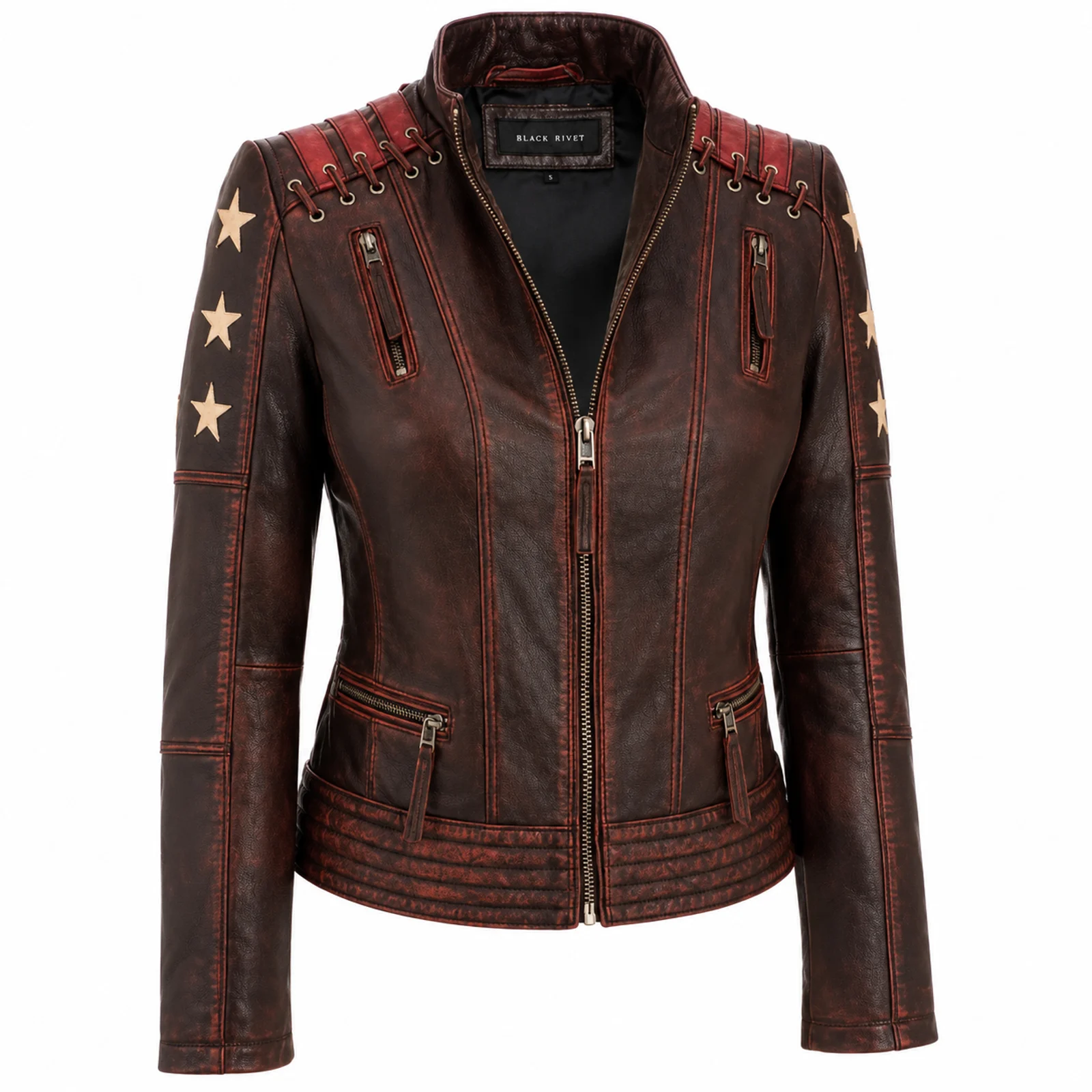 Oxblood Distressed Jacket with Star Shoulders manufactured by Aly Leather Co., Sialkot