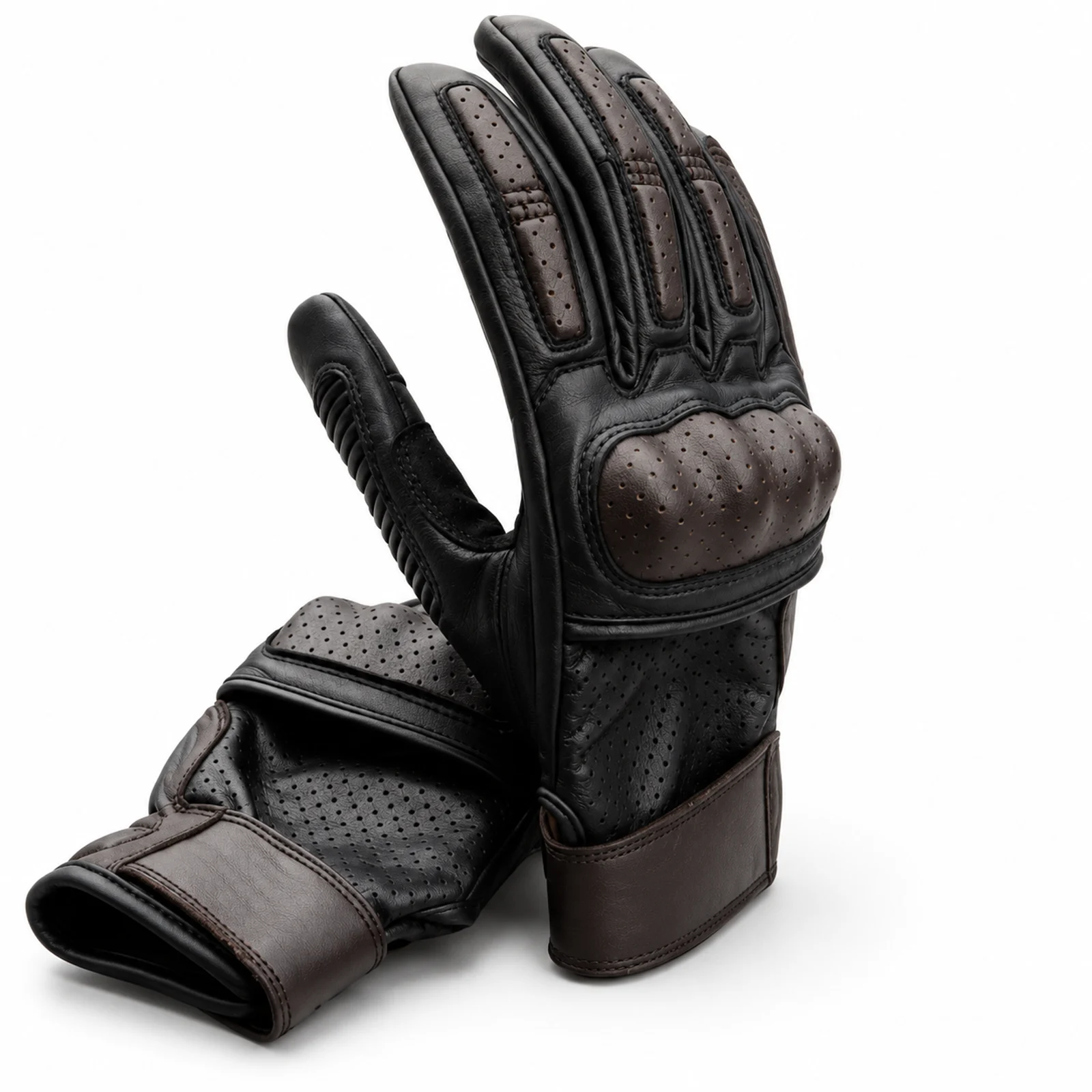 Black and Brown Moto Gloves with Knuckle Armour manufactured by Aly Leather Co., Sialkot