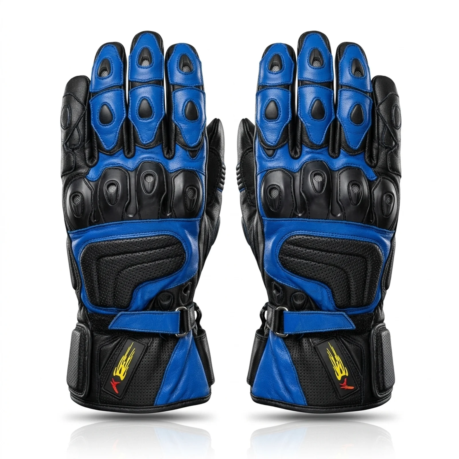 Blue and Black Racing Gauntlet Gloves manufactured by Aly Leather Co., Sialkot