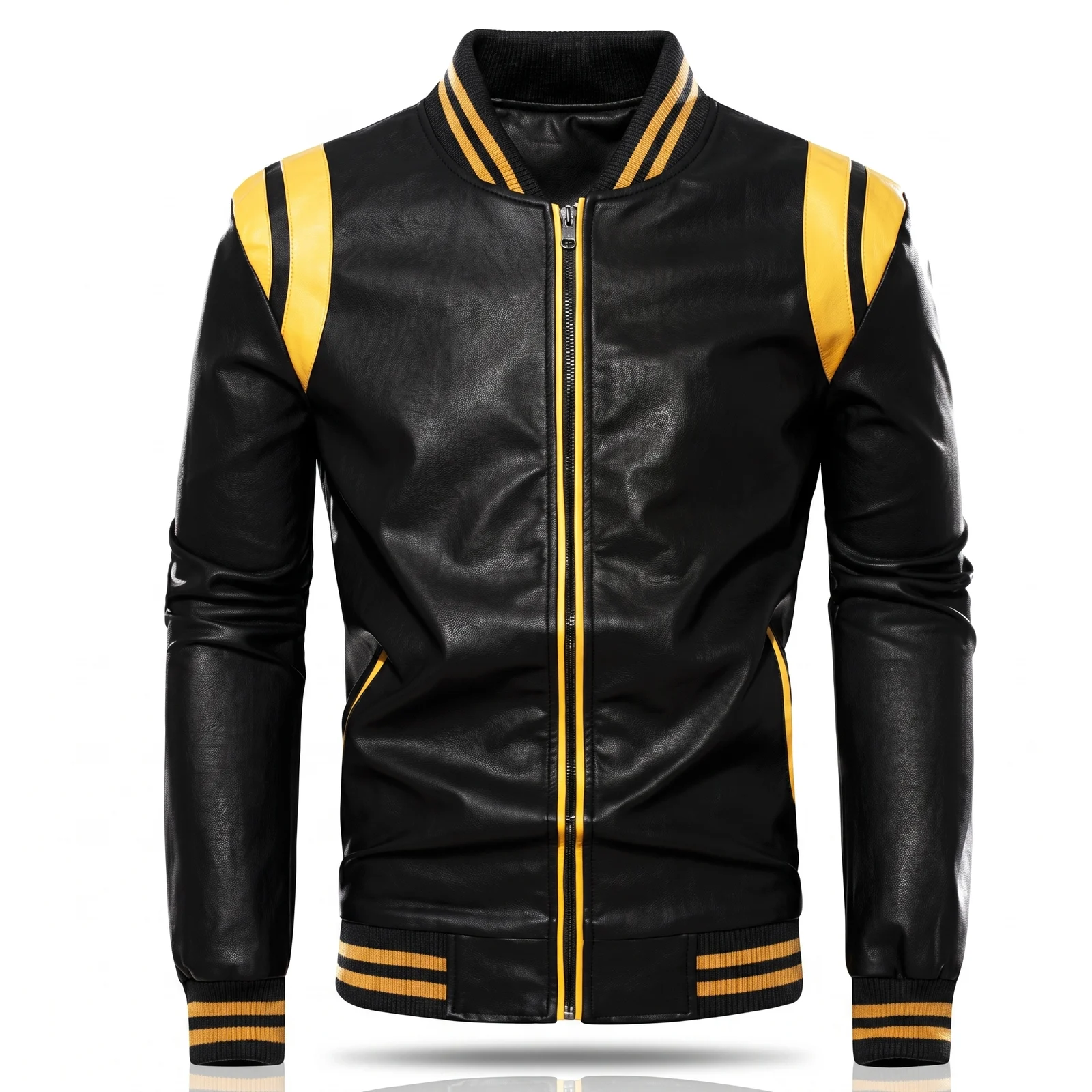 Black and Yellow Varsity Leather Jacket manufactured by Aly Leather Co., Sialkot