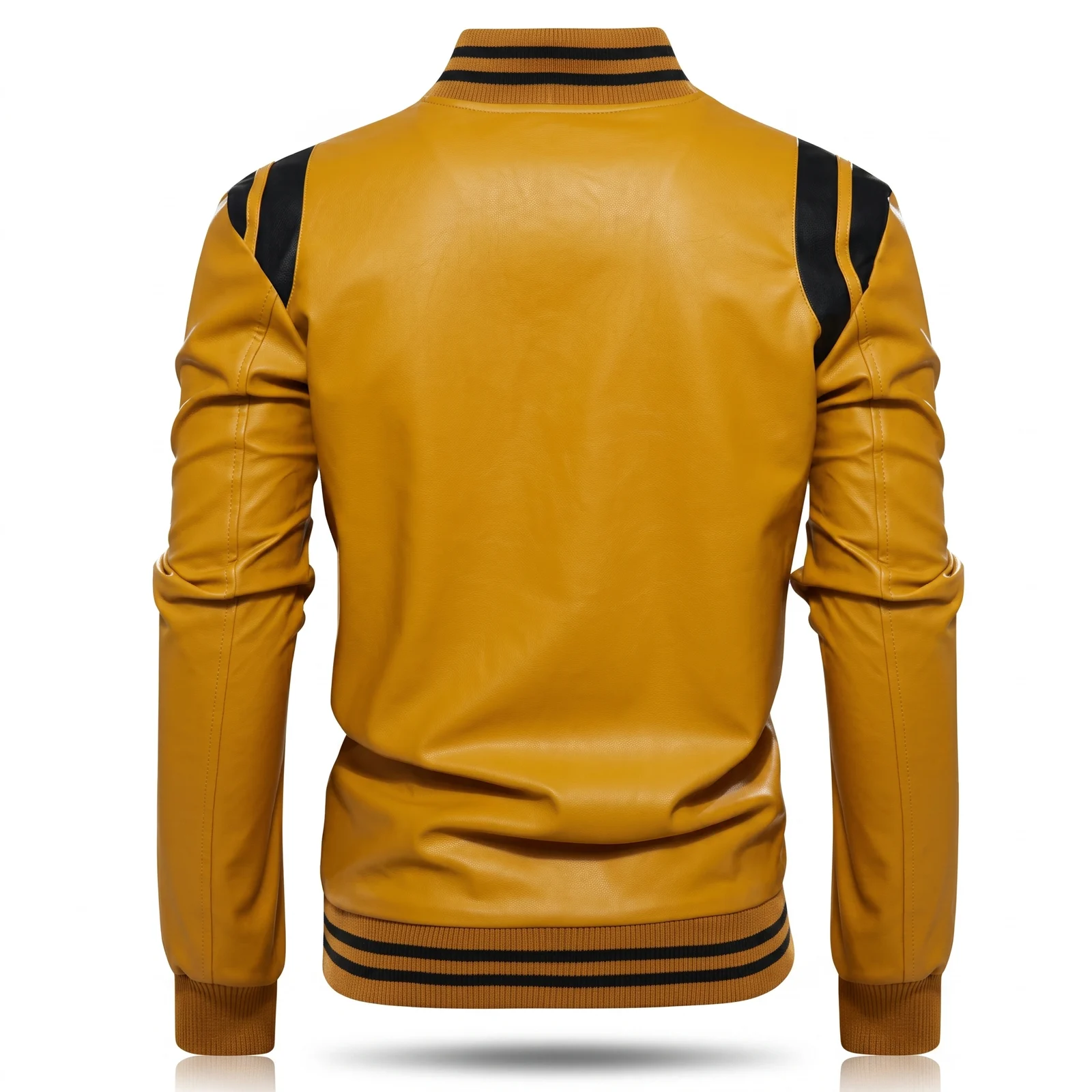 Mustard and Black Varsity Bomber Jacket manufactured by Aly Leather Co., Sialkot